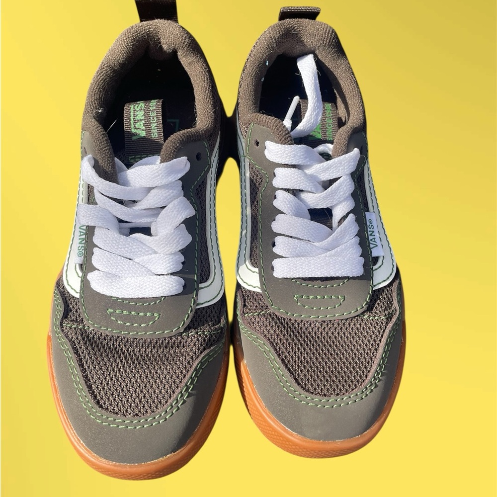 Vans Kids' Dark Green and White Sneakers with Brown Soles
